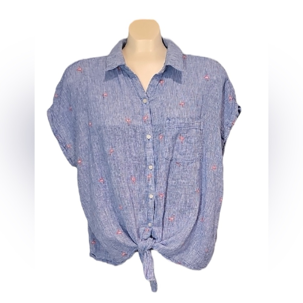 💚 Old Navy Blue Button-Up Top with Flamingos, size XL